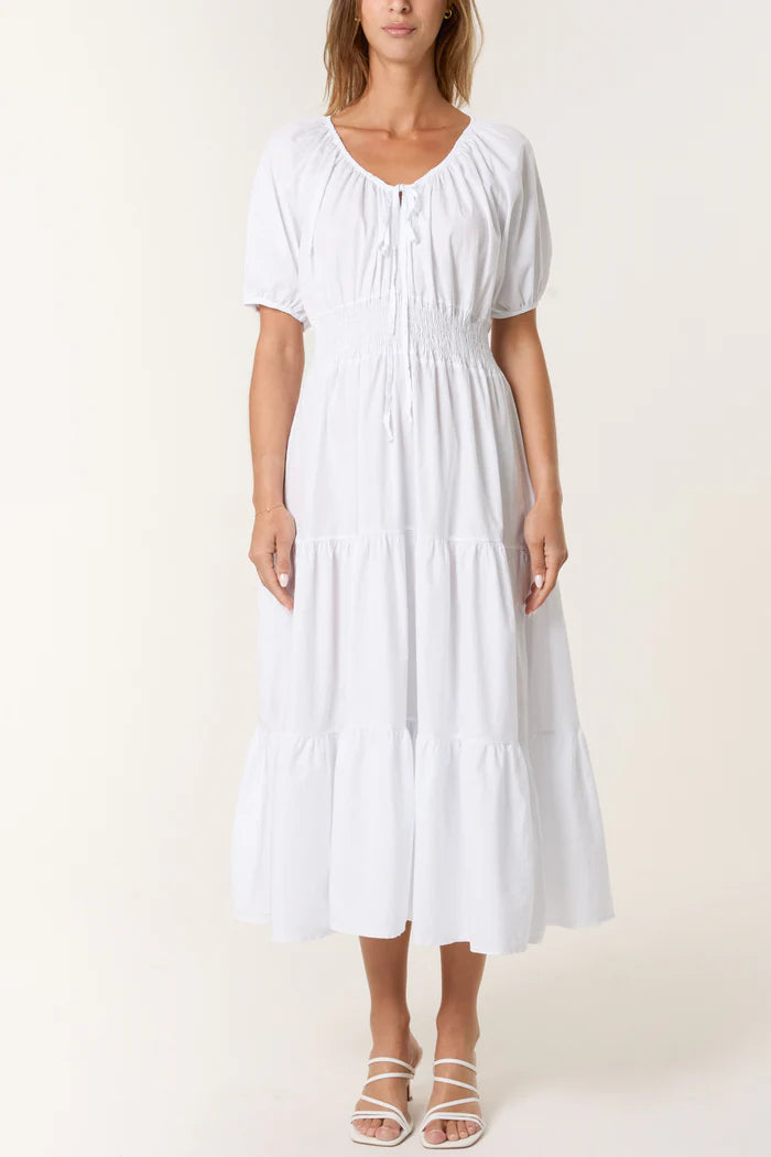 Isabelle Cotton Puff Sleeve Shirred Tiered Dress